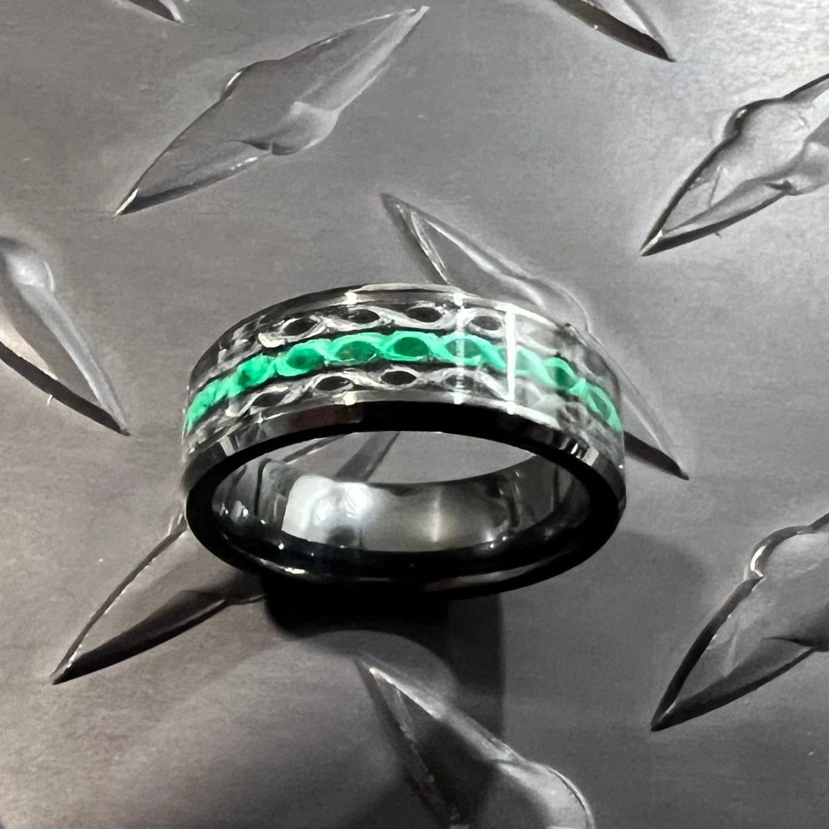 The Fire Hose Ring — Thin Green Line recycled fire hose ring — detail — handmade USA by Blaze Design Company