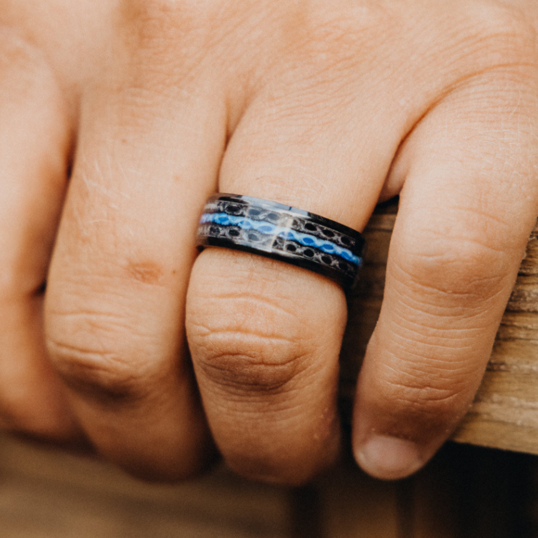 The Fire Hose Ring — Thin Blue Line fire hose ring — secondary view — handmade USA by Blaze Design Company