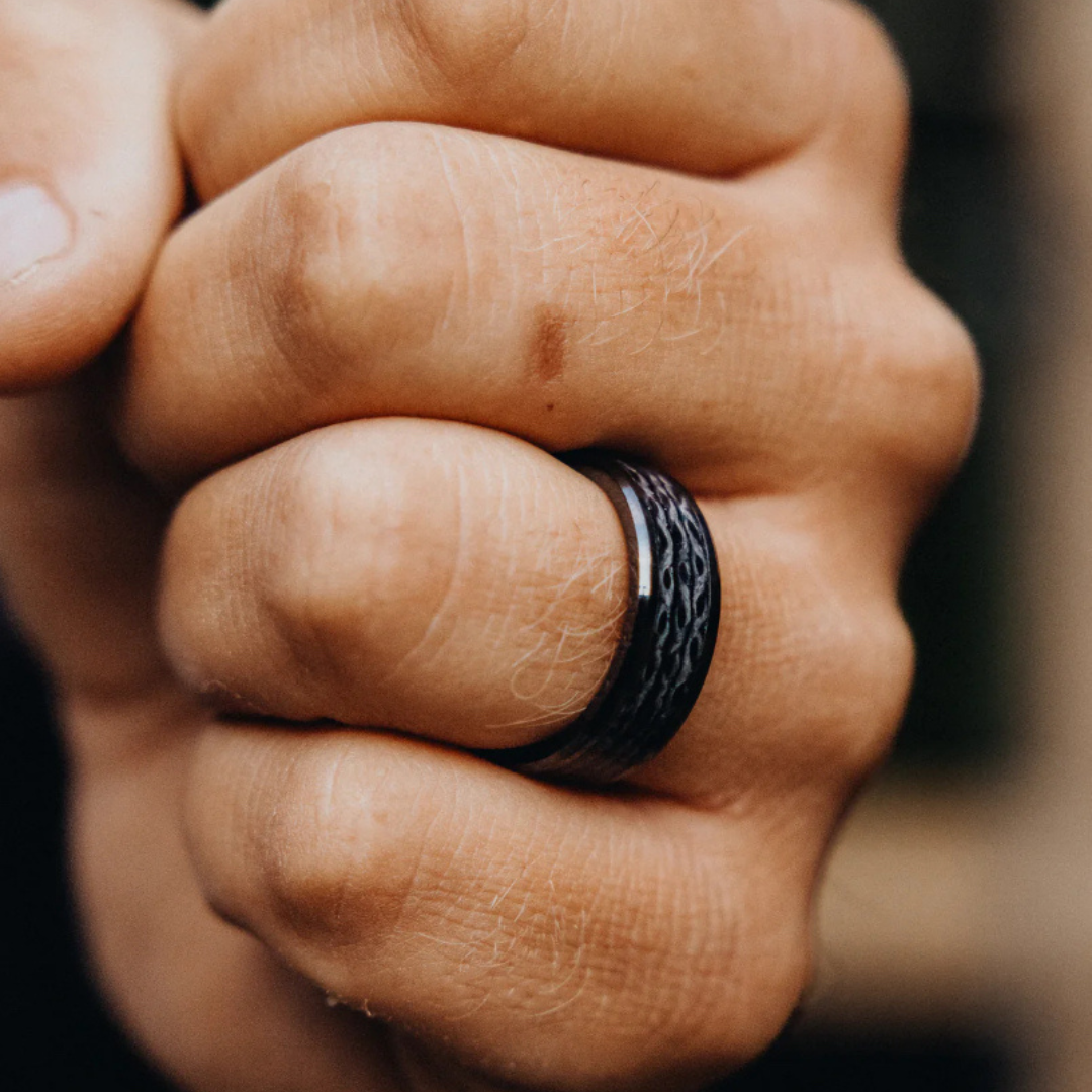 The Fire Hose Ring — All Black fire hose ring — secondary view — handmade USA by Blaze Design Company