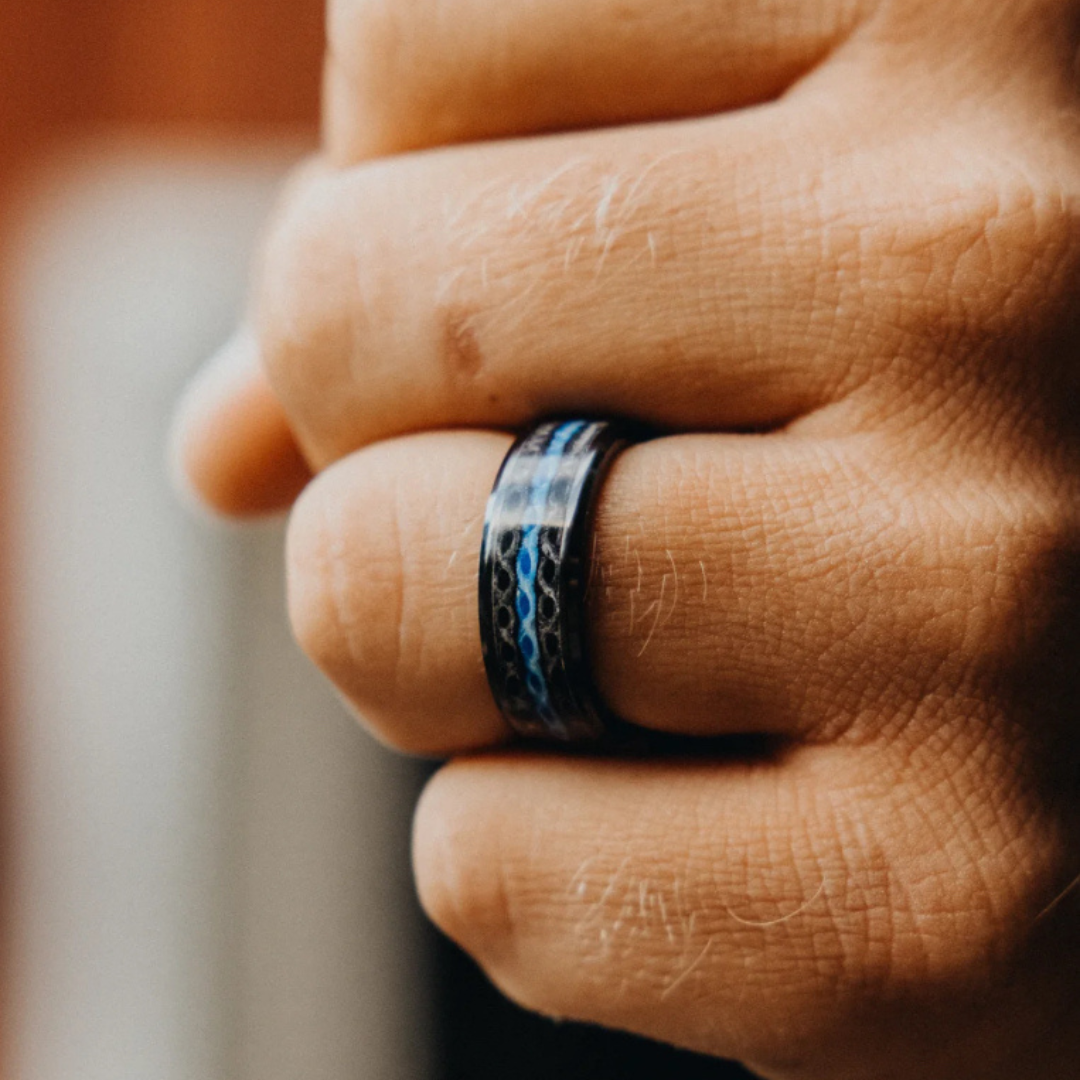 The Fire Hose Ring — Thin Blue Line hose color front view — handmade USA by Blaze Design Company