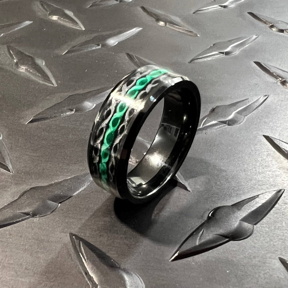 The Fire Hose Ring — Thin Green Line fire hose ring — alternate studio — handmade USA by Blaze Design Company
