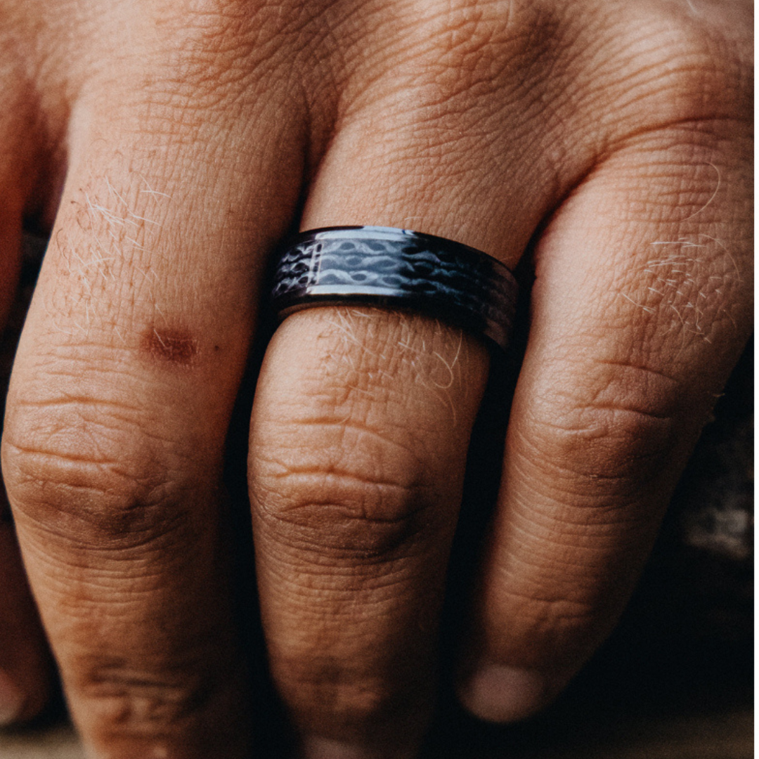 The Fire Hose Ring — All Black hose color front view — handmade USA by Blaze Design Company
