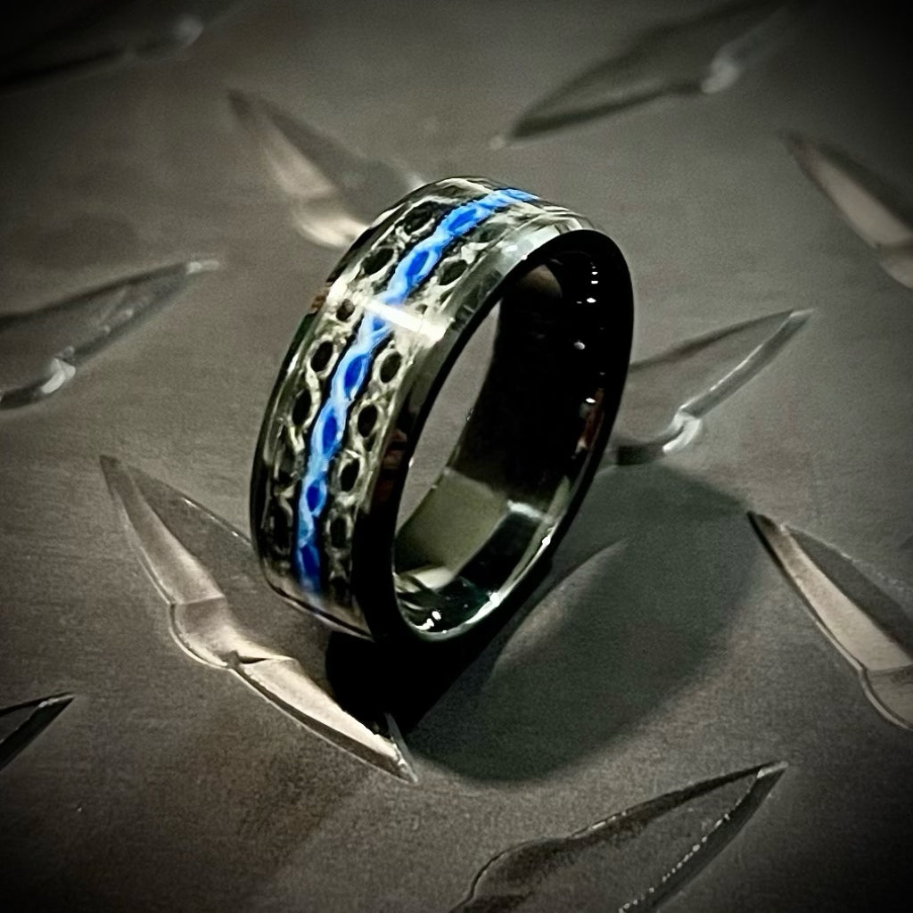 The Fire Hose Ring — Thin Blue Line fire hose ring — alternate studio — handmade USA by Blaze Design Company