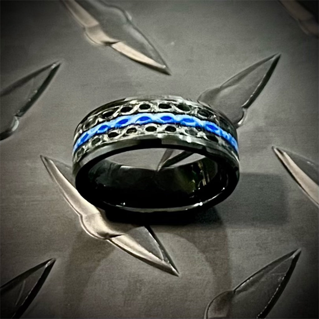 The Fire Hose Ring — Thin Blue Line recycled fire hose ring — detail — handmade USA by Blaze Design Company