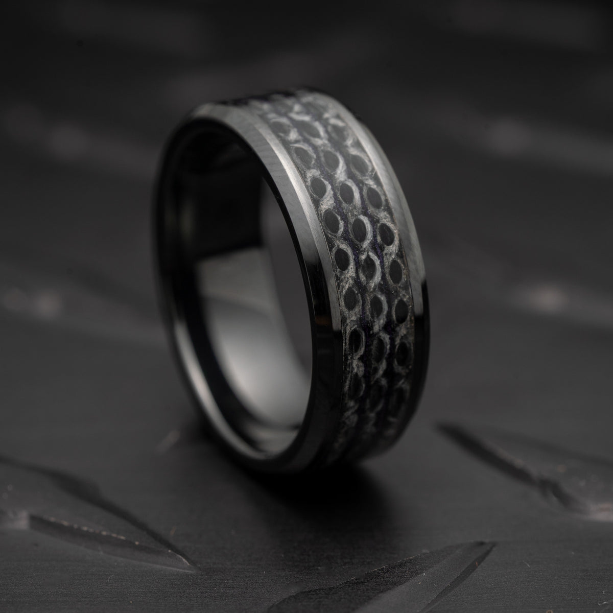 The Fire Hose Ring — all black recycled fire hose inlay, handmade in the USA by Blaze Design Company