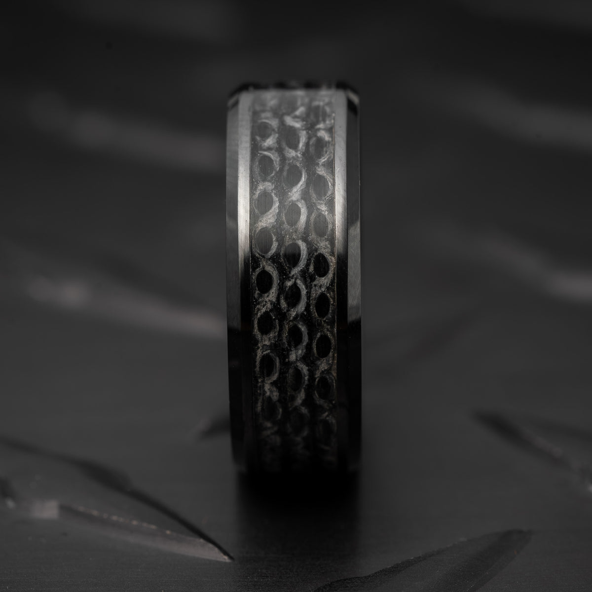 The Fire Hose Ring — all black recycled fire hose inlay, handmade in the USA by Blaze Design Company