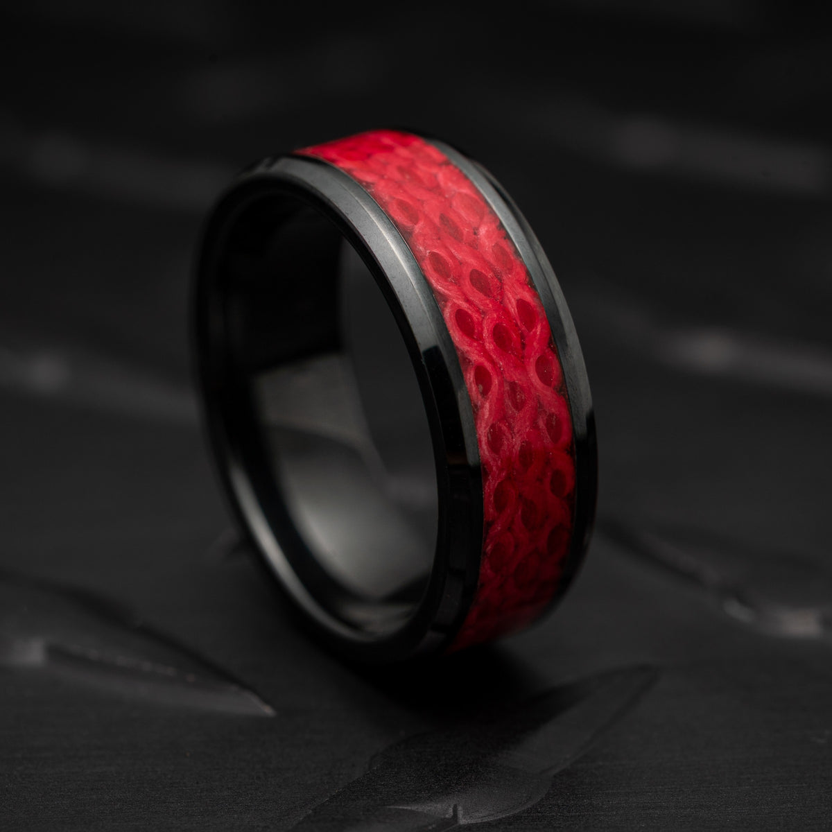 The Fire Hose Ring — all red recycled fire hose inlay, handmade in the USA by Blaze Design Company