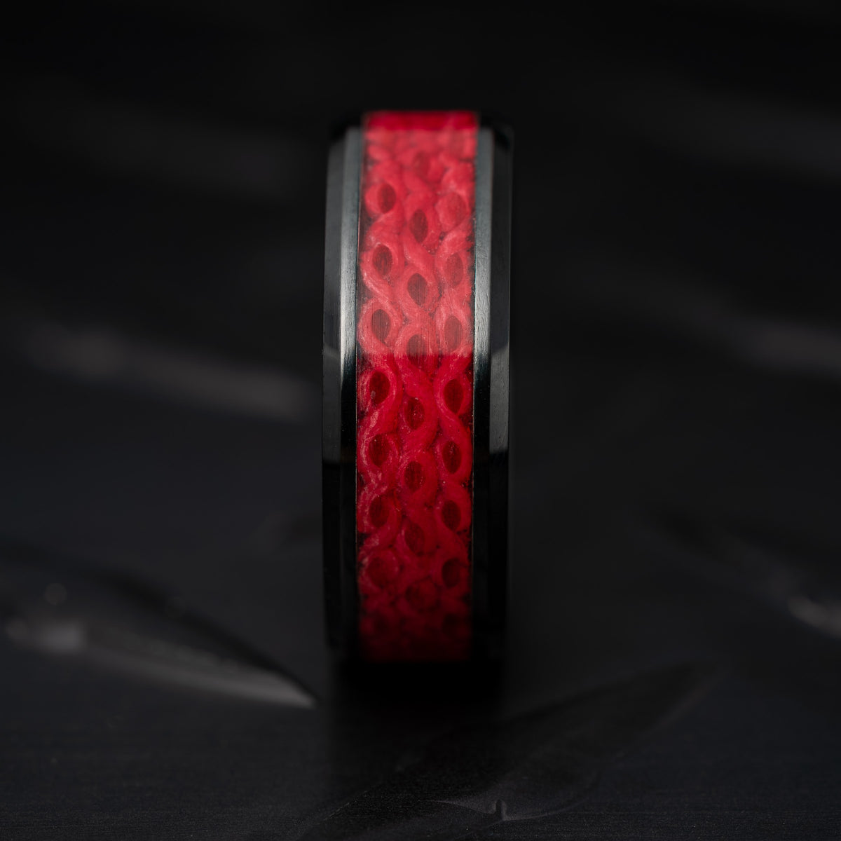 The Fire Hose Ring — all red recycled fire hose inlay, handmade in the USA by Blaze Design Company