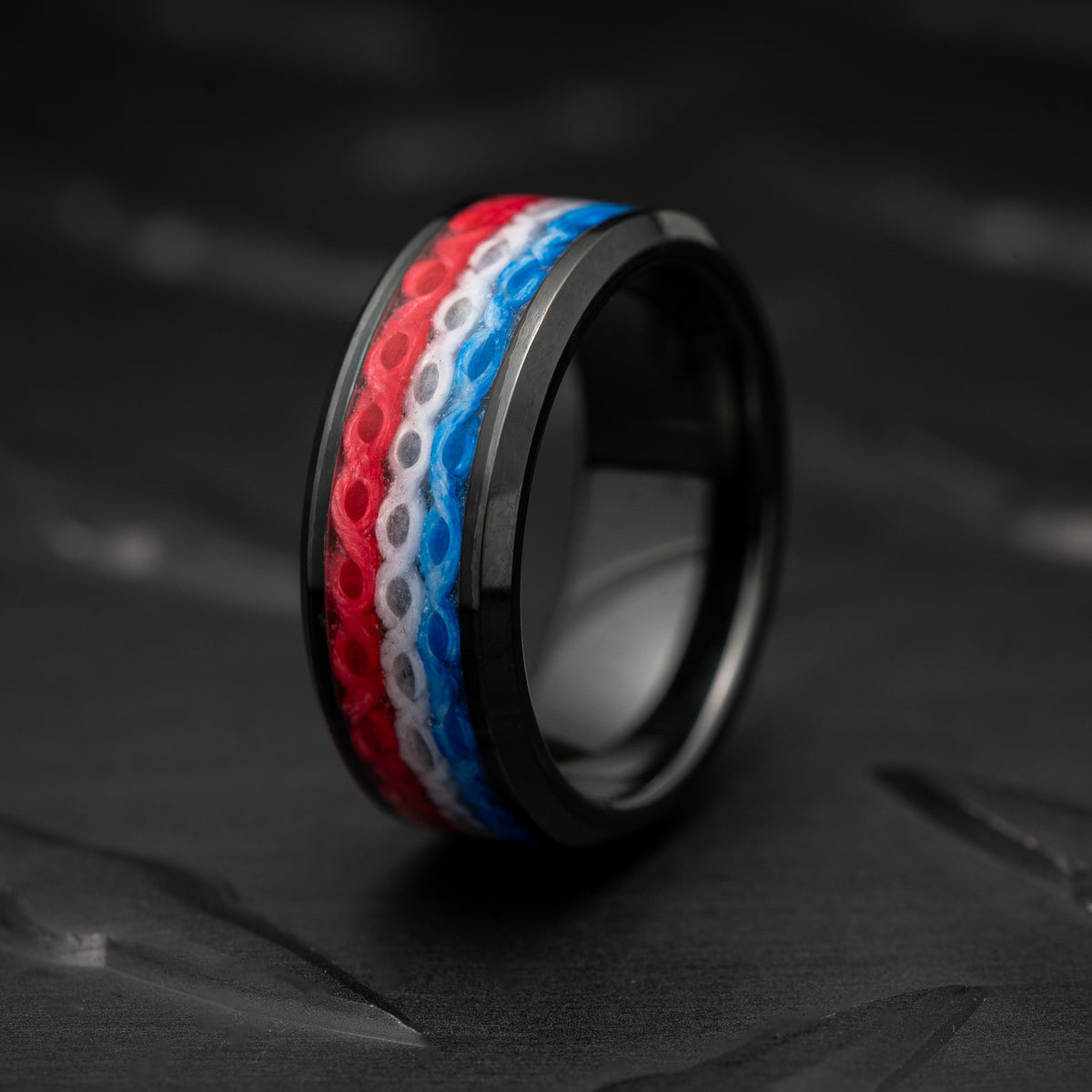 The Fire Hose Ring — red, white and blue recycled fire hose inlay, handmade in the USA by Blaze Design Company