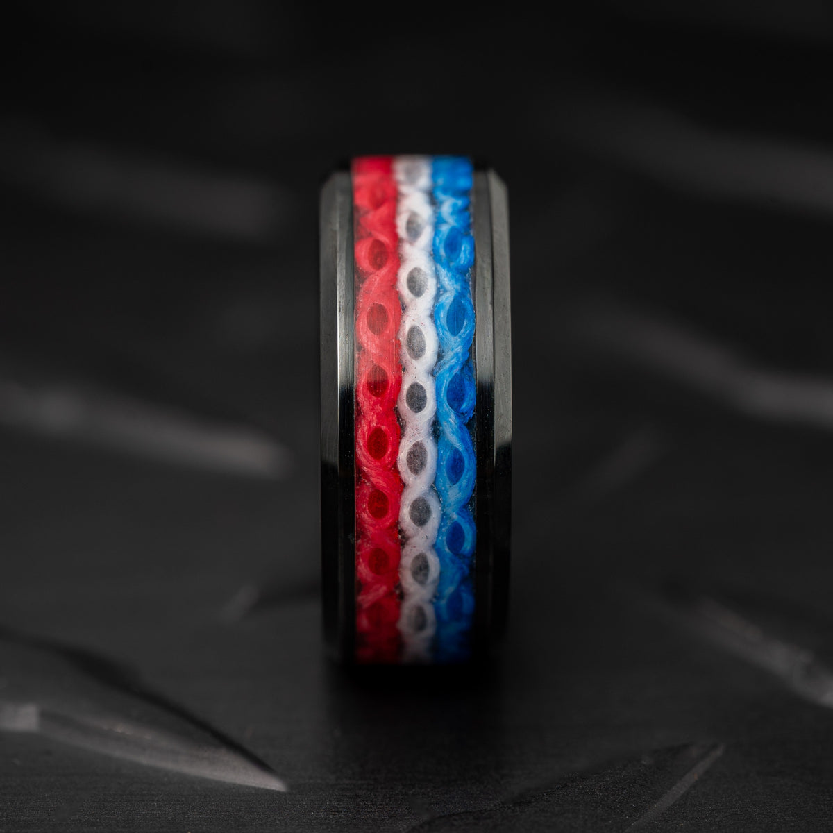 The Fire Hose Ring — red, white and blue recycled fire hose inlay, handmade in the USA by Blaze Design Company